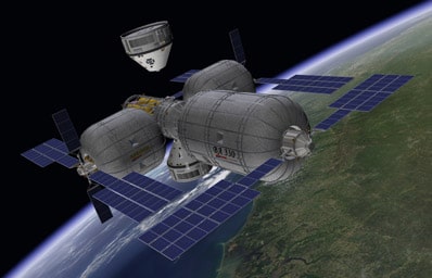 Le vaisseau CST-100 s'approchant de l'Orbital Space complex. Credit: Boeing