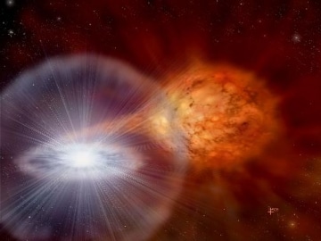 Cette vue d'artiste montre un système binaire similaire à celui d'U Scorpii, composé d'une naine blanche qui arrache de la matière à une étoile de la séquence principale. Crédit : D. Hardy/PPARC