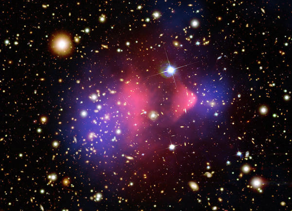 Une image composite de l’« Amas du boulet » (résultant de la collision de deux amas de galaxies). L'effet de « lentille gravitationnelle » permet de visualiser la quantité de matière noire (en bleu) en sus de la matière normale (gaz chaud, en rose).