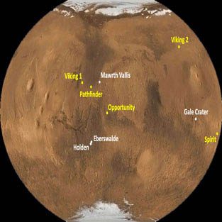 Futurs sites possibles d'atterrissage sur Mars pour le rover Curiosity ainsi que l'emplacement des précédentes missions américaines sur la planète rouge.  -  Credit: Nasa