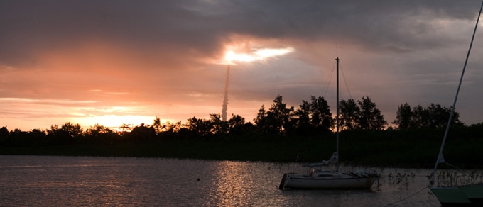 Arianespace’s heavyweight Ariane 5 flight with the Arabsat-5A and COMS satellites lifts off at sunset from the Spaceport in French Guiana. Credit: Ariane Espace