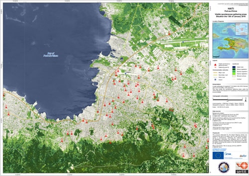 Image satellite de Port-au-Prince réalisée à partir des données de SPOT-5 du 13 janvier 2010. Crédits : CNES/SERTIT